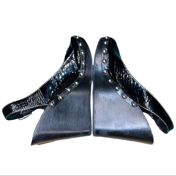 COACH RENAE CRINKLE PATENT SILVER STUD PLATFORM PEEP TOE SANDALS SIZE 6.5 Black - Picture 5 of 9